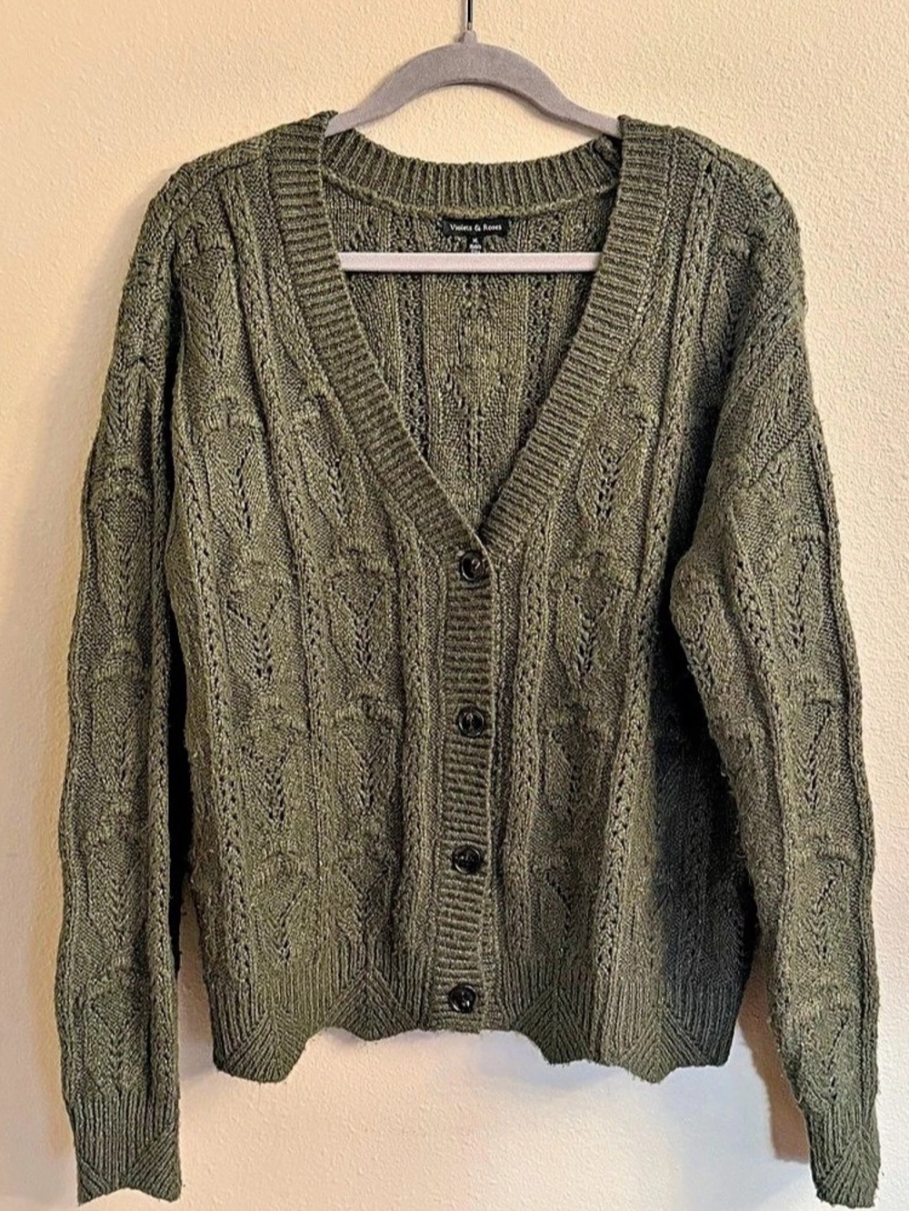 Violets & Roses Cable Knit Cardigan in Green Size XL